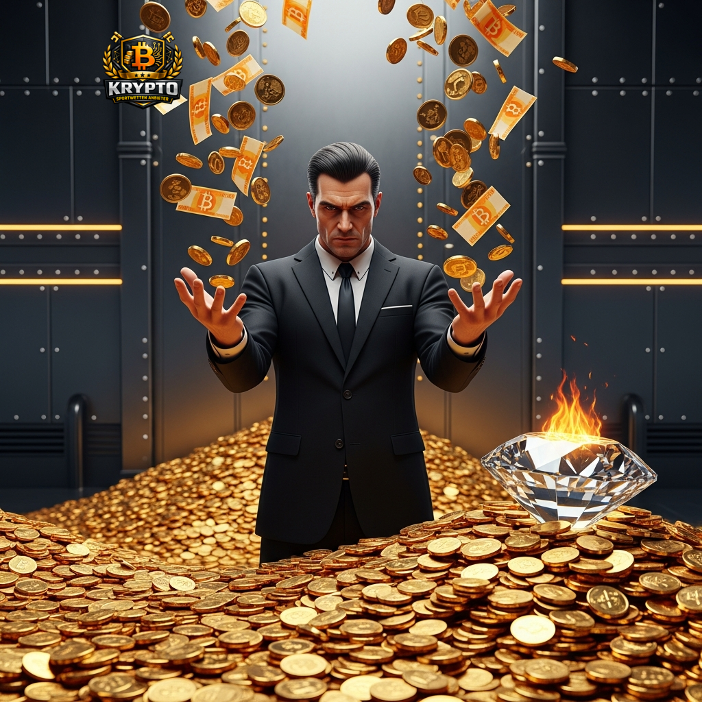 Ein Mann im Anzug in einem Raum voller Goldmünzen, der den Reichtum und die hohen Einsätze der Top-Fußballligen wie der Champions League darstellt.