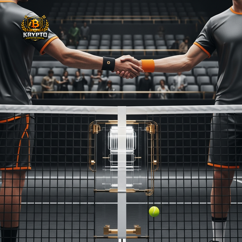 Zwei Tennisspieler schütteln sich die Hände über einem futuristischen Netz, was fairen Wettbewerb und bevorstehende Duelle symbolisiert.