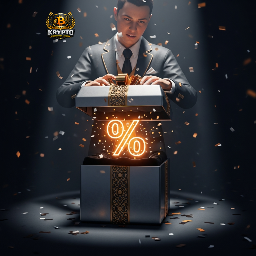 Ein Mann im Anzug öffnet eine Geschenkbox mit einem leuchtenden Prozent-Symbol, was häufig gestellte Fragen zu Boni, Sicherheit und Wert bei Krypto-Wetten auf das WM-Spiel beantwortet.