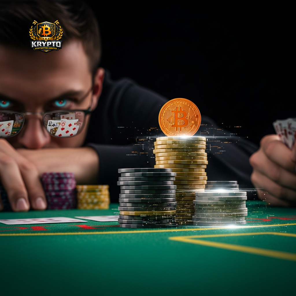 Ein konzentrierter Spieler, der seine Karten analysiert, mit einem Bitcoin auf dem Tisch, was die Wichtigkeit von Strategie und Fokus bei Fußballwetten symbolisiert.