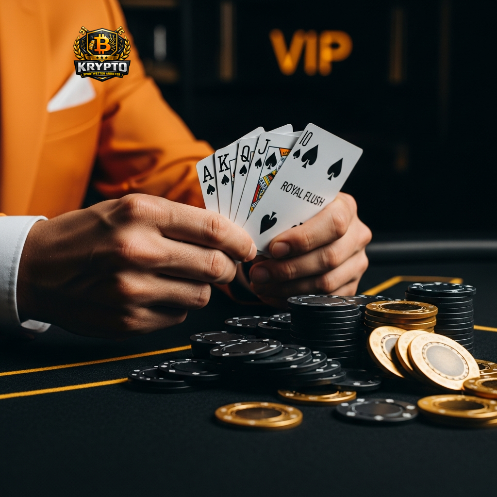 Nahaufnahme einer Royal-Flush-Pokerhand, die über einem Tisch mit Casino-Chips gehalten wird, als Symbol für eine Gewinnstrategie.